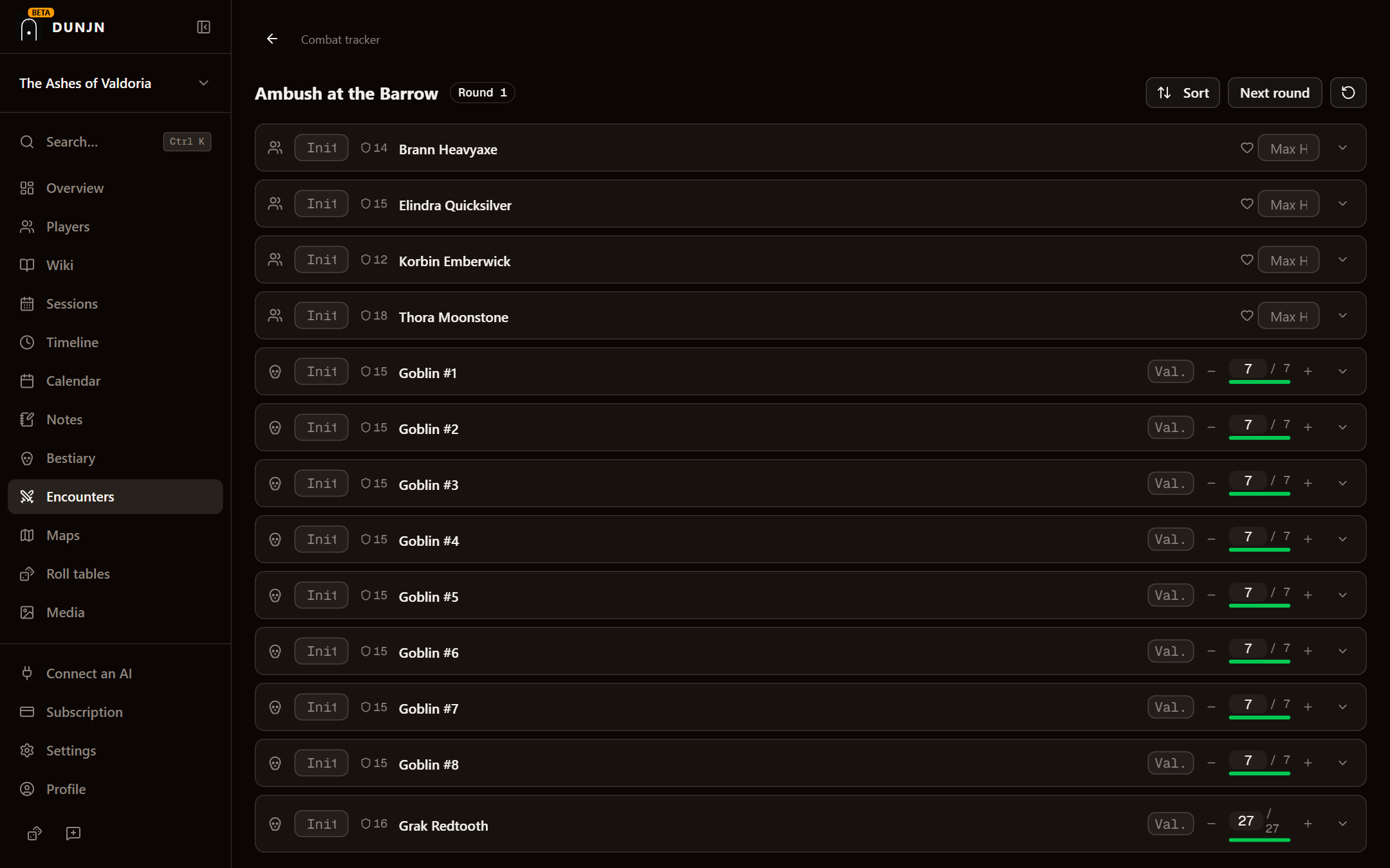 Combat tracker with initiative order and hit points