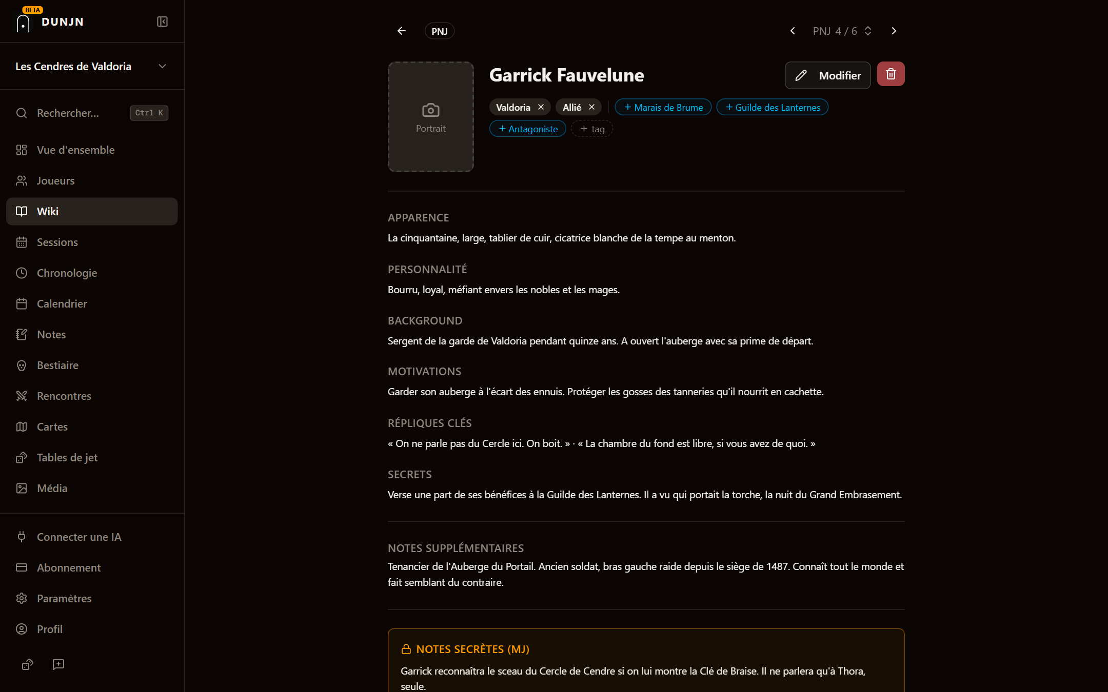 Fiche d'un PNJ dans le wiki Dunjn, avec ses relations et ses tags