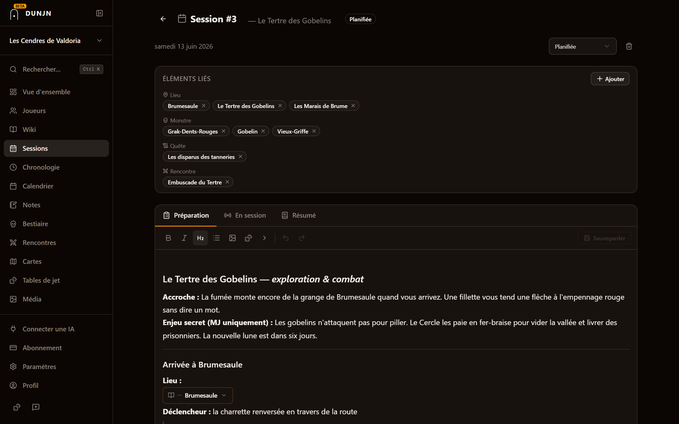 Notes de préparation d'une session avec des jets de compétence et des encarts